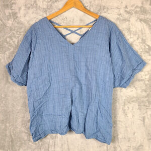 Umgee Blue Textured Swiss Dot Twist Back Short Sleeve Top Boxy Oversized Size S